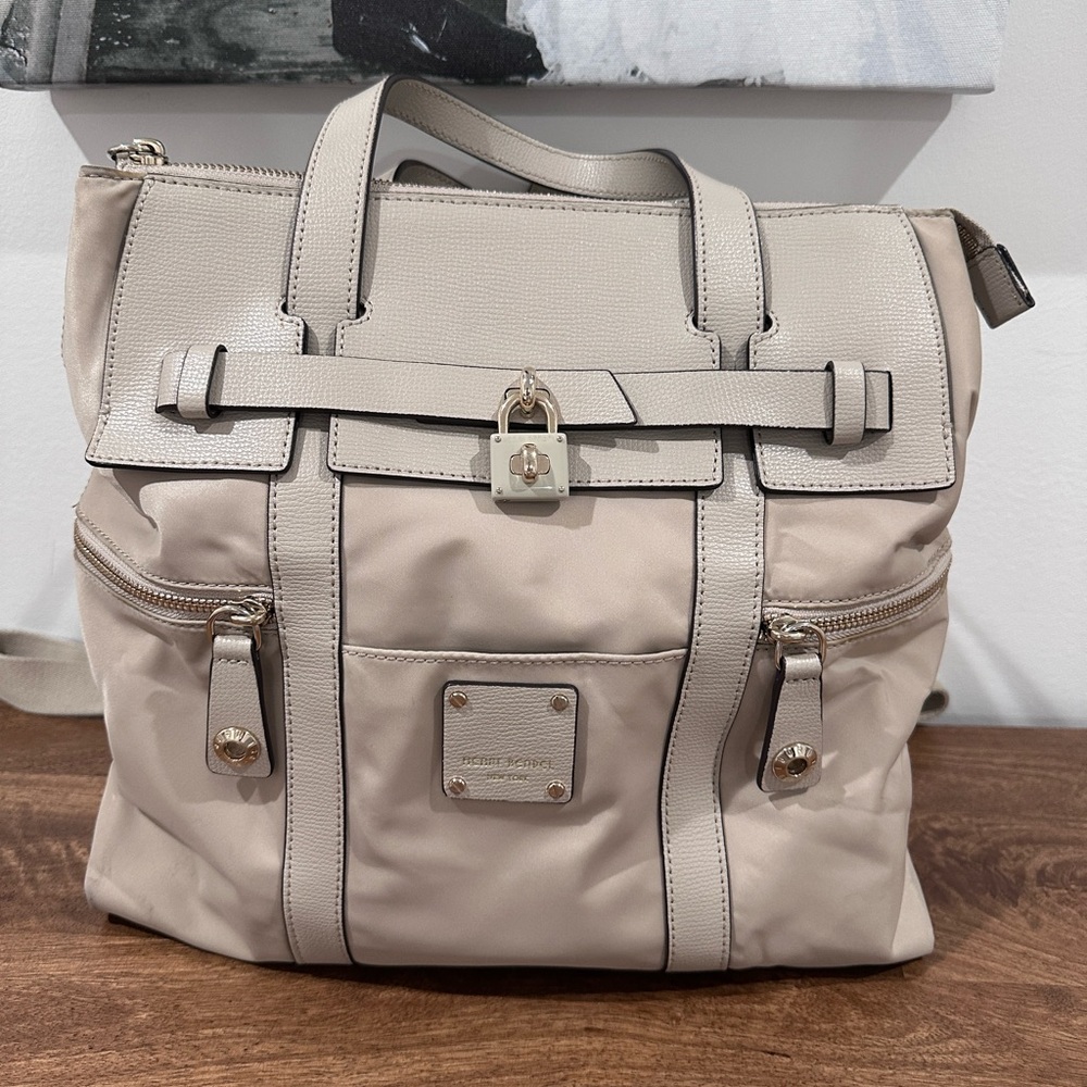 henri bendel beige cream backpack tote with gold hardware